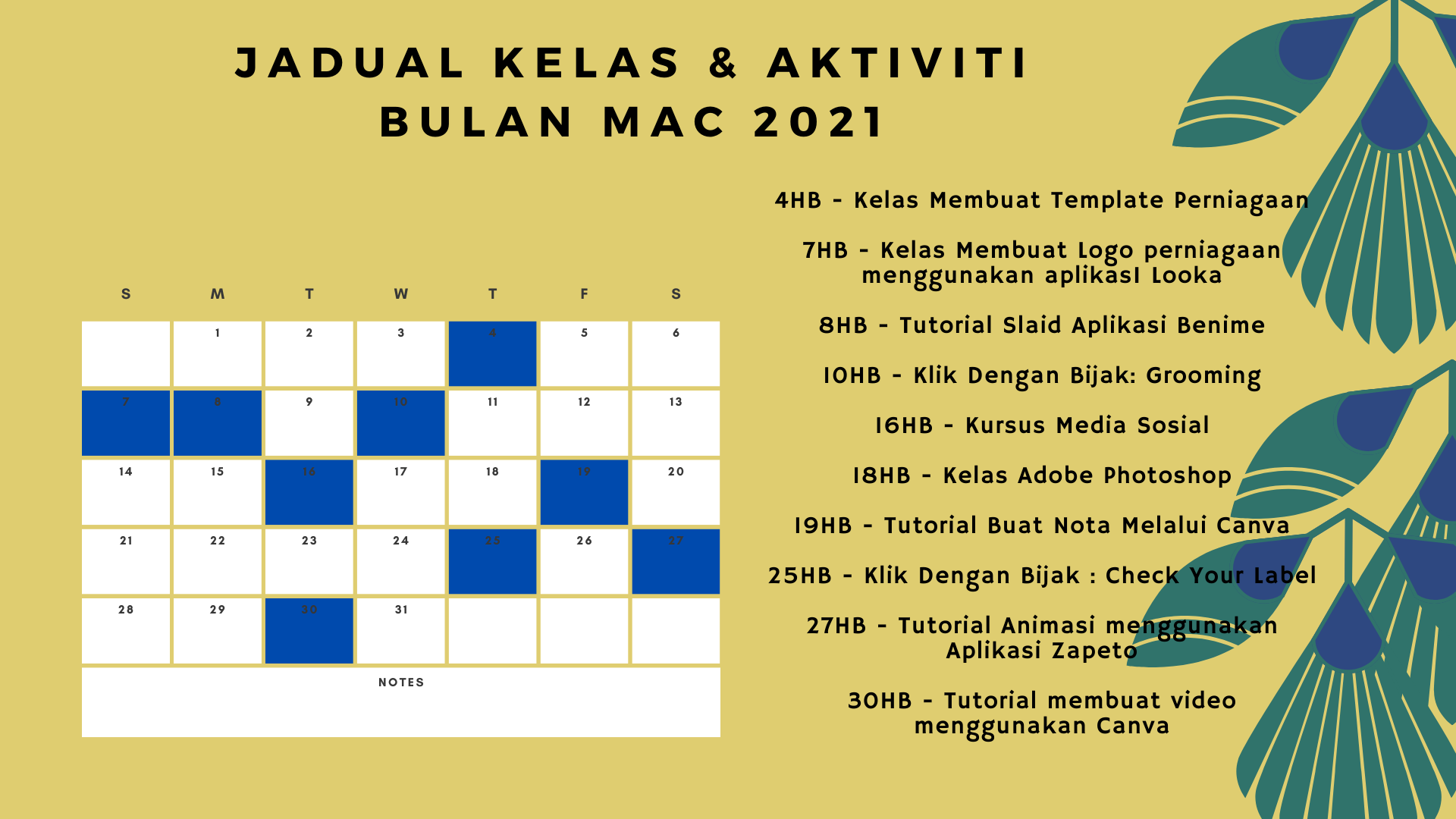 JADUAL KELAS AKTIVITI BULAN MAC 2021