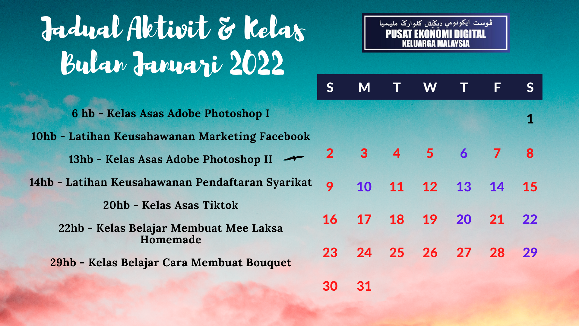 Jadual Aktivit Kelas Bulan Januari 2022