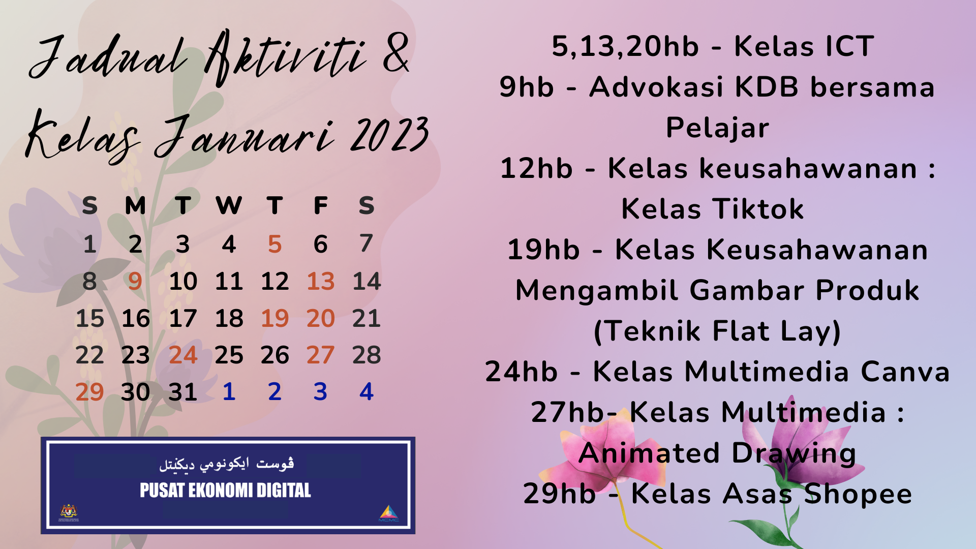 Jadual Aktiviti Kelas Januari 2023