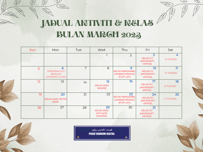 jadual aktiviti kelas march 2023